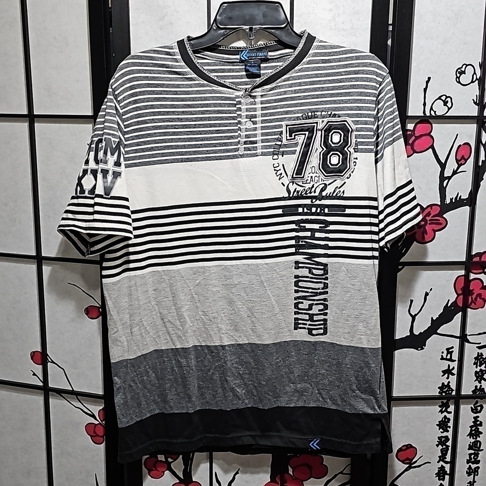Street Rules Henley Graphic Tee Shirt Urban Striped Size Large